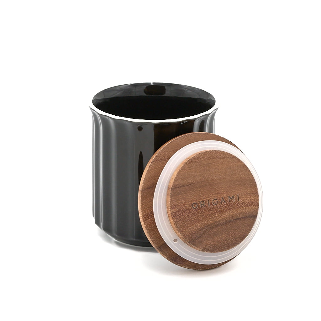 Canister ORIGAMI coloris noir en porcelaine et bois d'acacia
